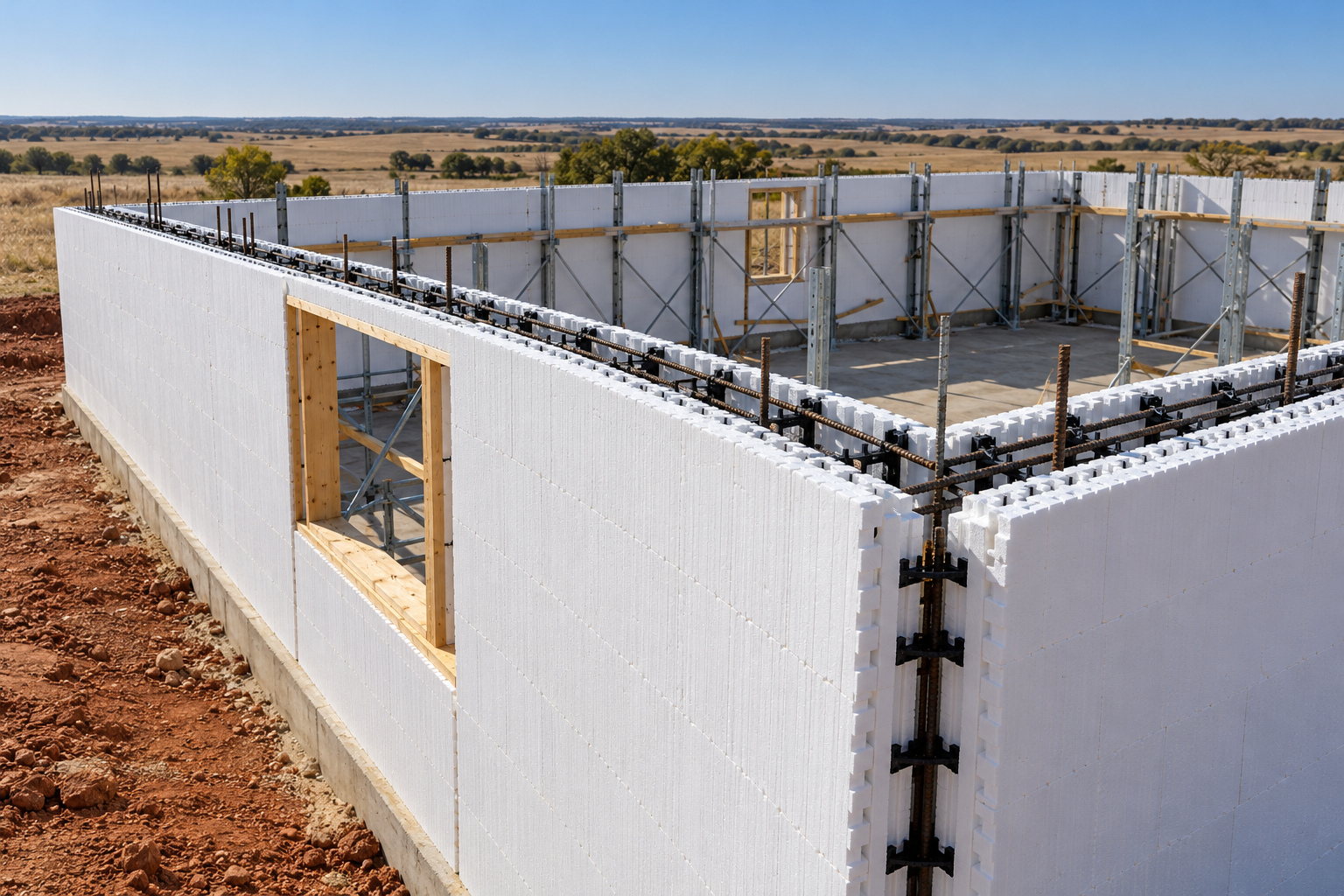 Insulated concrete form walls and reinforcing steel on an Oklahoma prairie site