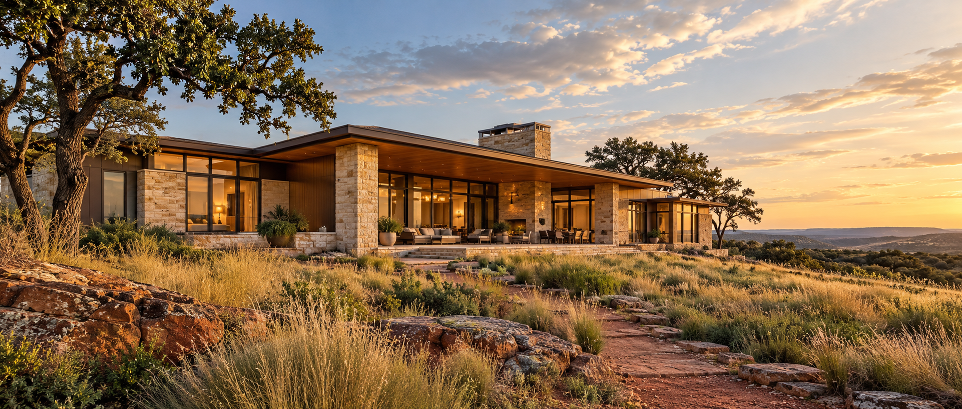 Prairie-style home with natural stone and a broad covered veranda